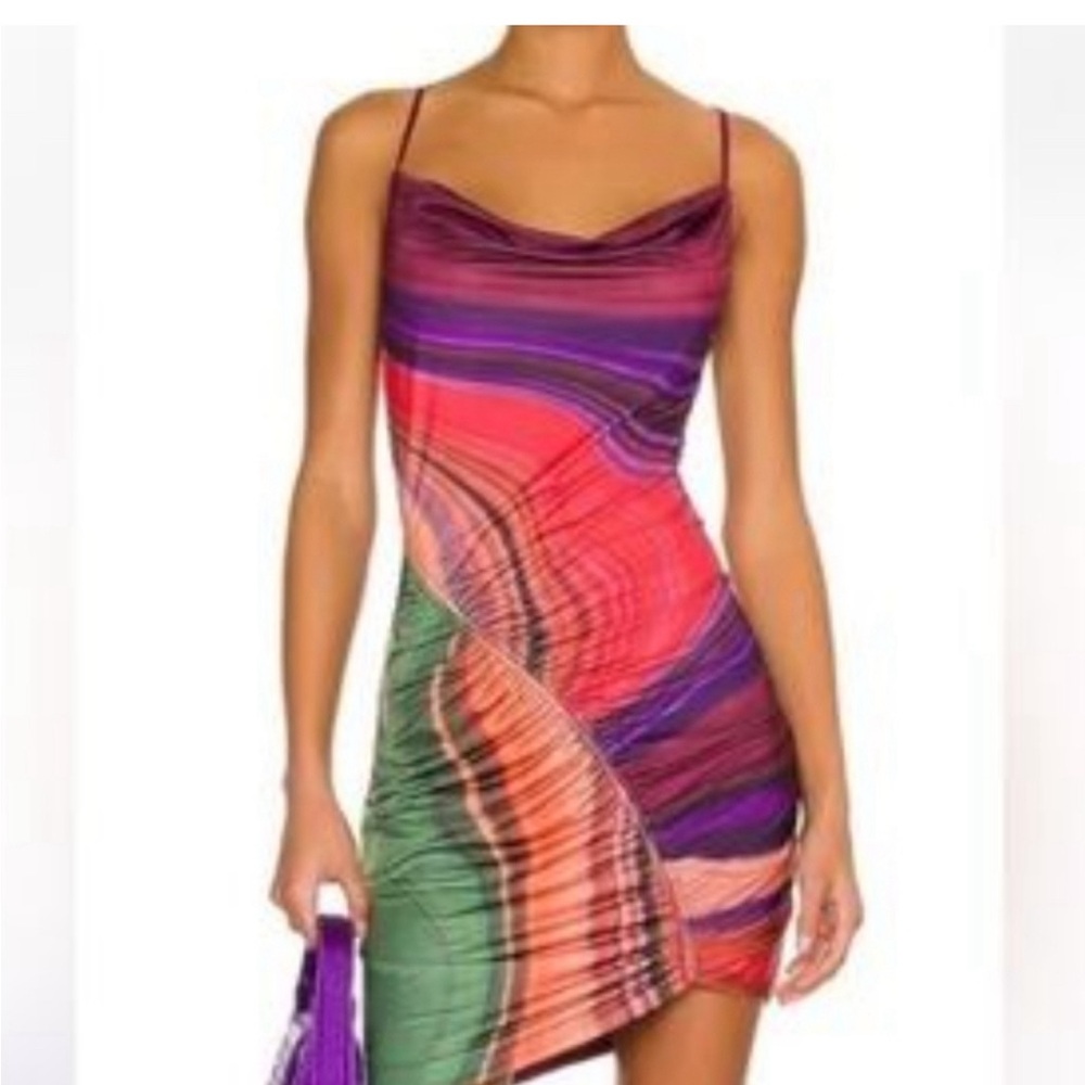 Multi color fun dress. Roucheing at the front.